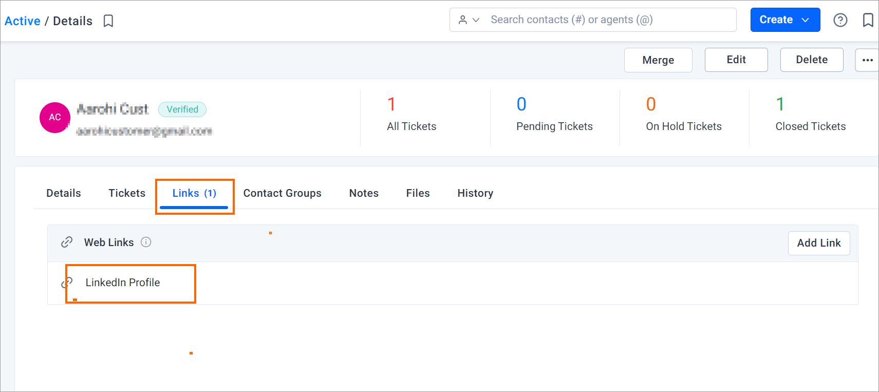 Contact profile screen displaying one verified email, ticket totals, and a LinkedIn Profile link in the Links tab.