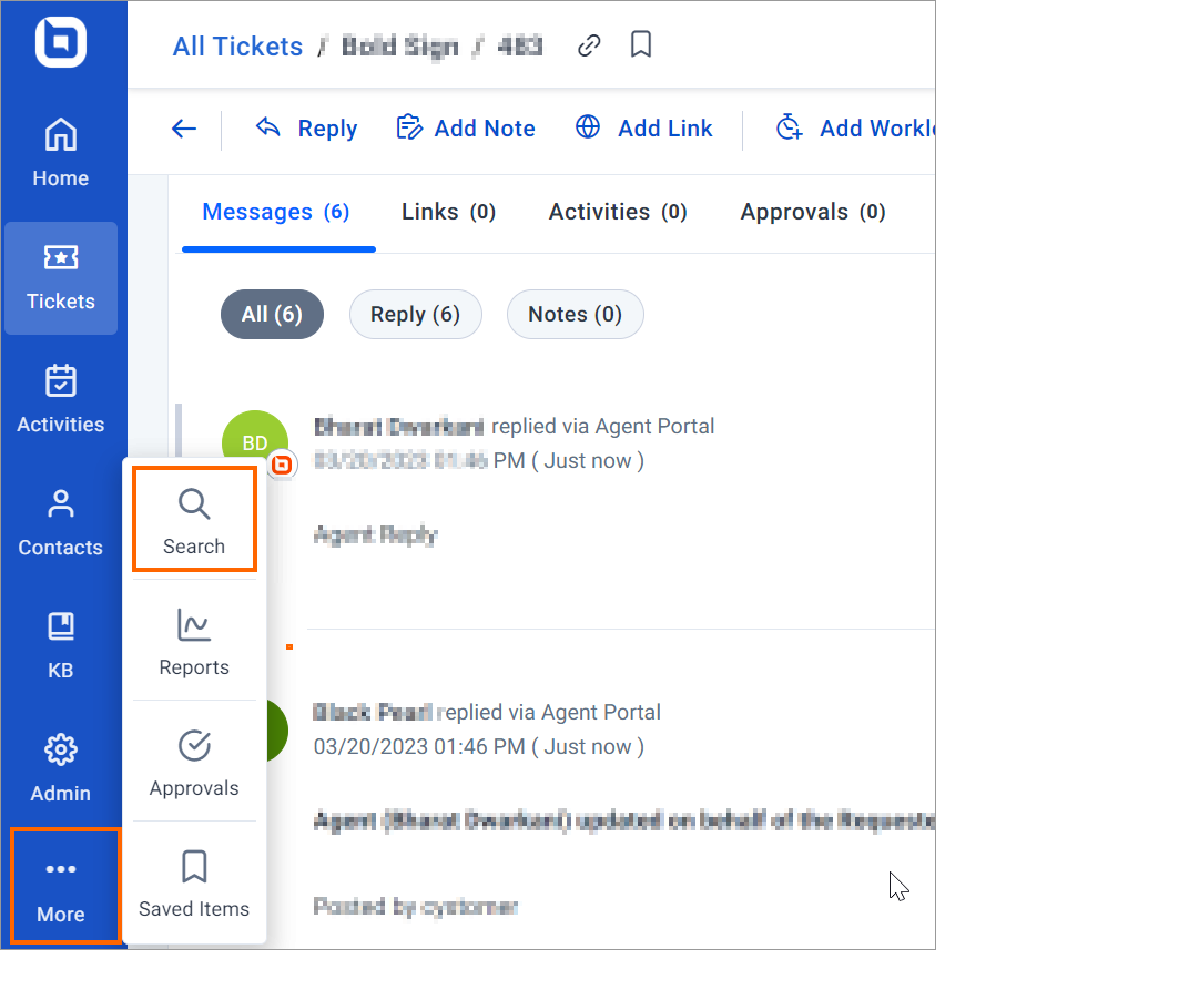 Screenshot of ticket dashboard with sidebar options like Tickets and Contacts; main area shows message threads and replies. 