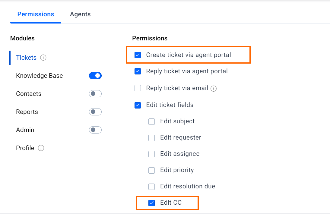 Admin permissions interface with Tickets and Knowledge Base active; Create ticket via portal and Edit CC are highlighted.