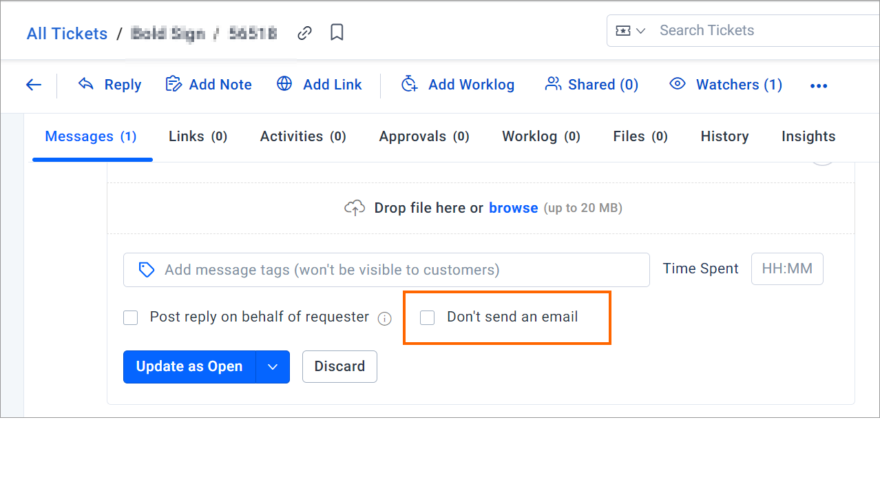 Support interface showing reply, notes, links, worklogs; orange checkbox labeled “Don’t send an email” is highlighted.