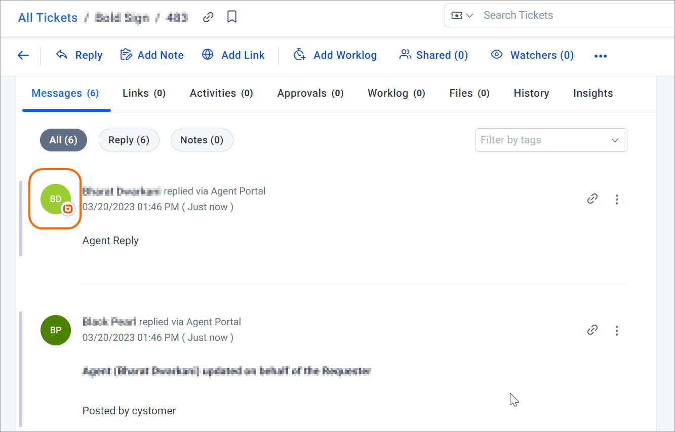 Support ticket UI with tabs for messages, links, activities; replies show agent initials, timestamps, and color-coded icons.