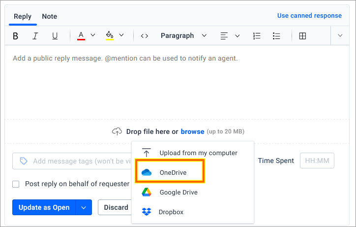 Email reply screen featuring cloud attachment options; OneDrive stands out in orange among Google Drive and Dropbox.