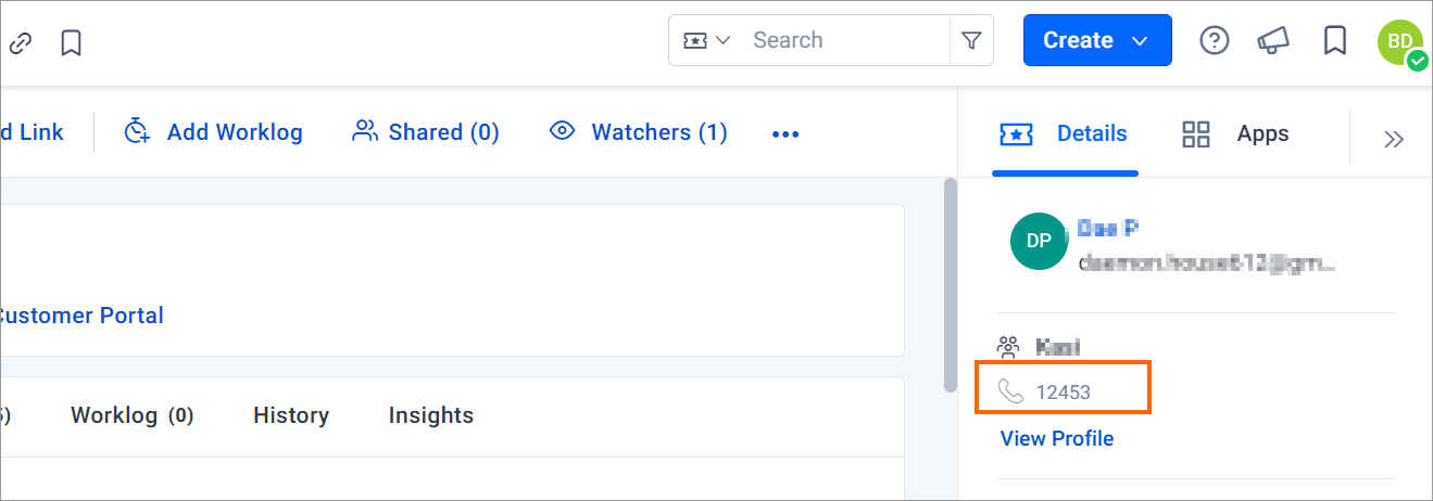 Interface shows user profile with contact details and options such as “Create” and “View Profile” in a tidy layout.