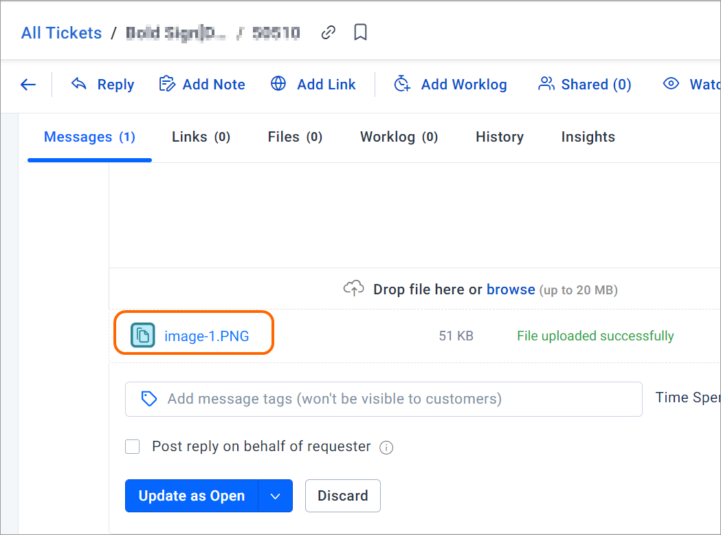 Interface for managing tickets; file 'image-1.PNG' uploaded successfully; reply, add note, and update as open buttons visible.