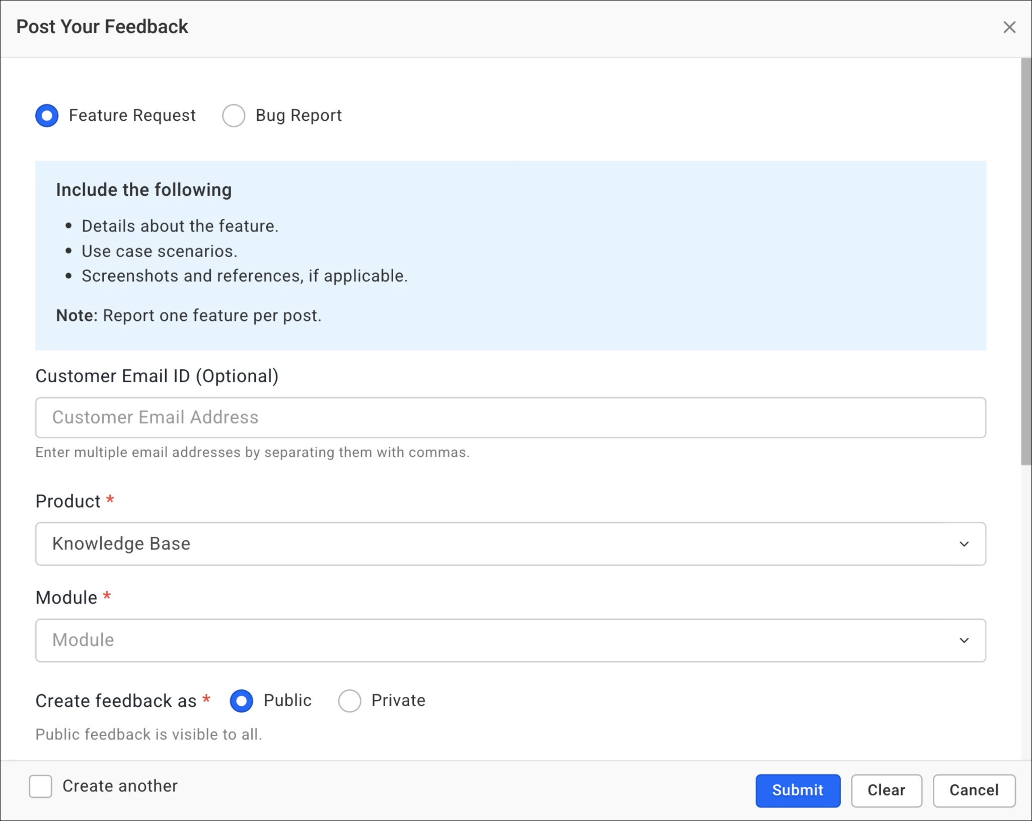 Feedback form with radio buttons for feature request or bug report and fields for email, product, and module