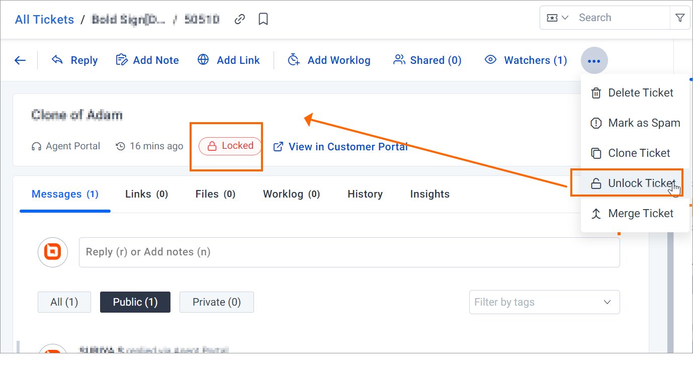 Ticket interface with locked “Clone of Adam” entry; dropdown arrow highlights the “Unlock Ticket” option for access.
