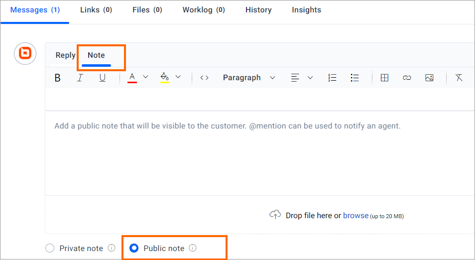 Customer service UI with “Note” tab selected; text formatting and file attachment options shown; “Public note” highlighted.
