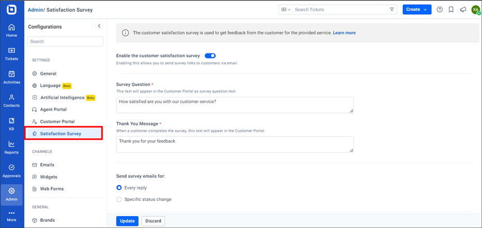 Admin dashboard showing satisfaction survey settings with question, thank-you message, email frequency, and toggle enabled