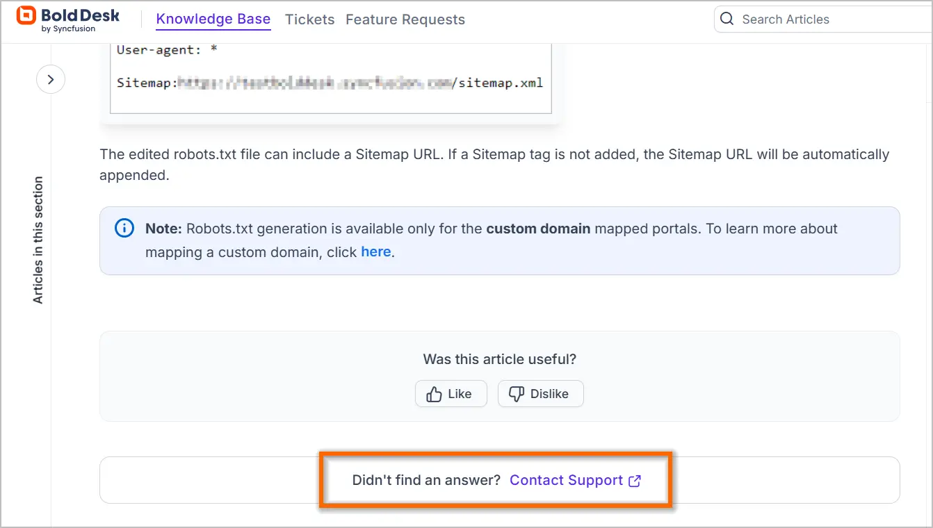Customer self-service help article showing Sitemap and Robots.txt sections, user feedback options, and a visible Contact Support link.