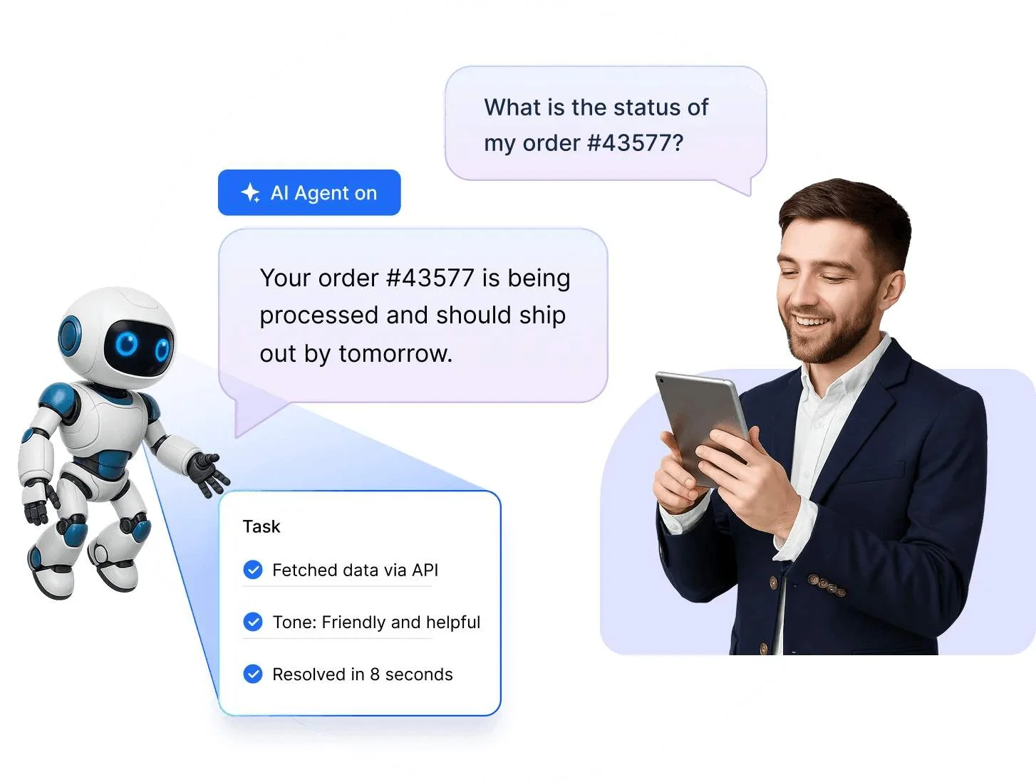 AI agent example showing automated customer support response using real-time order data.
