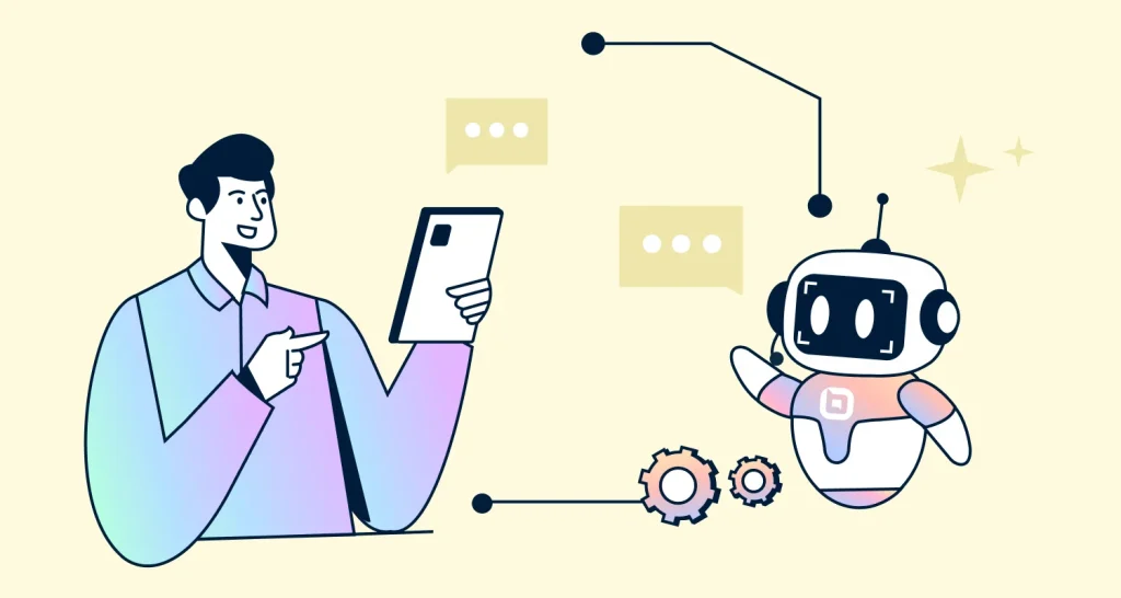 Customer service agent with a tablet, surrounded by BoldDesk AI Agent, automation icons, and conversation bubbles.