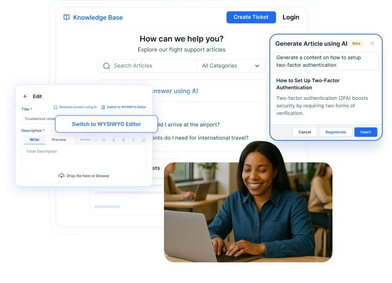 Knowledge base with AI‑generated help articles supporting customer self‑service and faster issue resolution.
