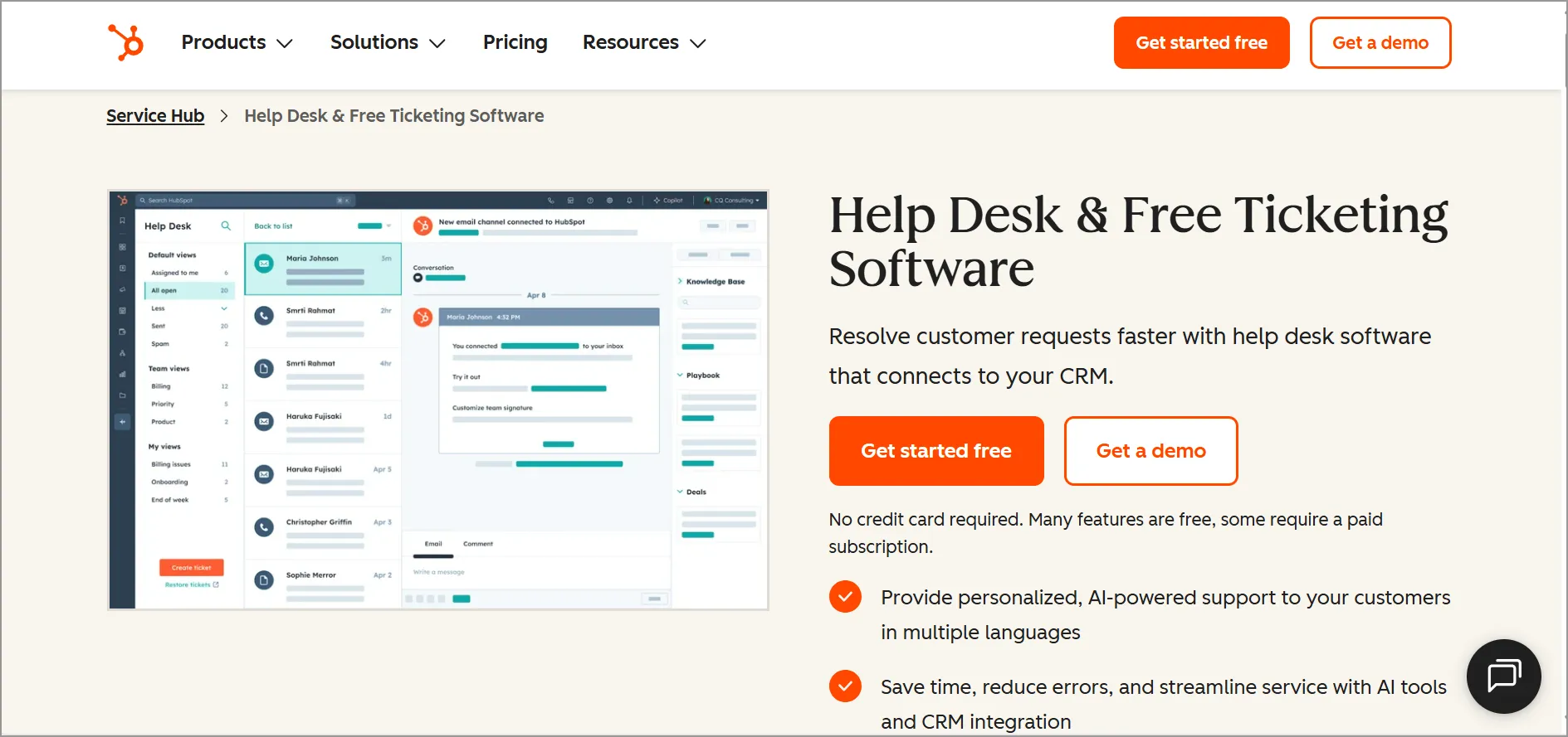 HubSpot Service Hub help desk and ticketing software integrated with CRM.