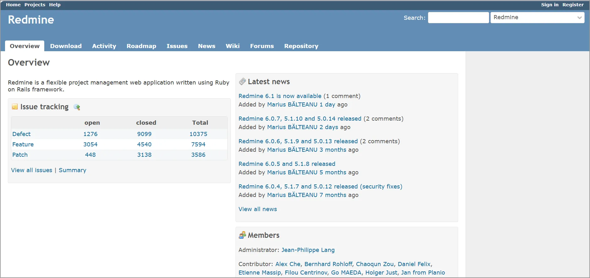 Redmine open-source issue tracking system for project and bug management.