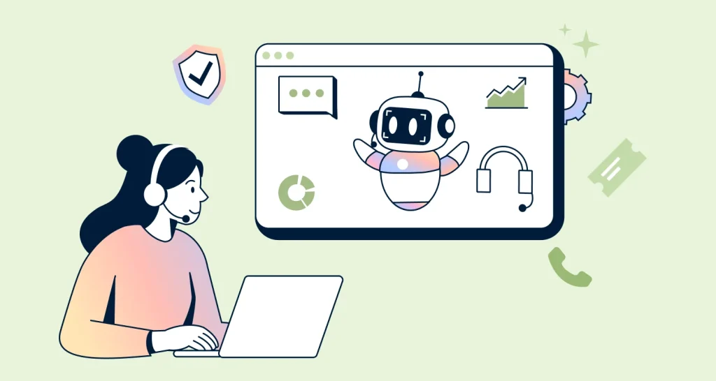 AI knowledge base illustration showing chatbot on laptop connected to analytics, learning, support, and content icons