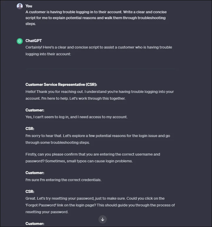 ChatGPT customer service example showing a step-by-step troubleshooting conversation for login issues