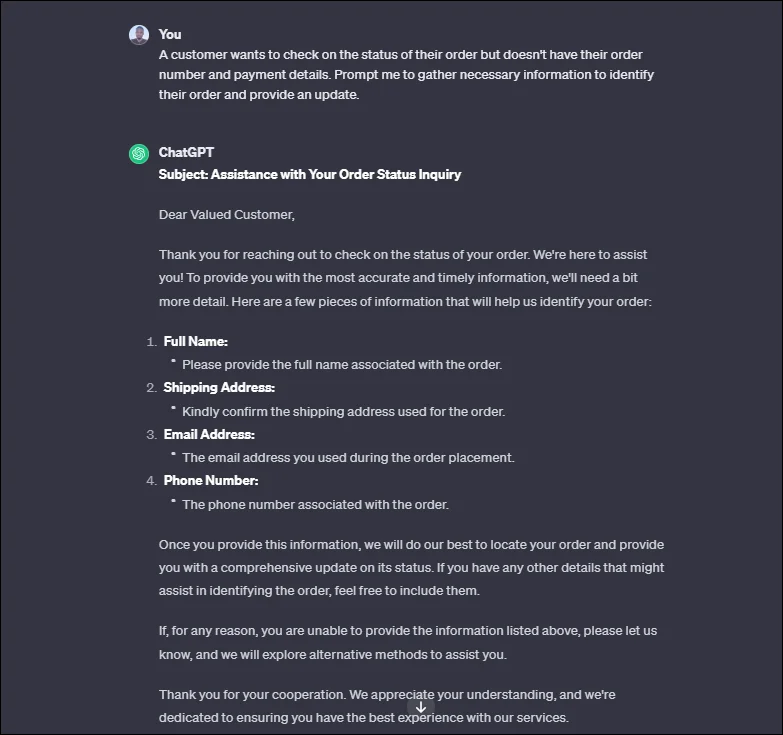 ChatGPT customer service example guiding support agents through a product return request and resolution steps
