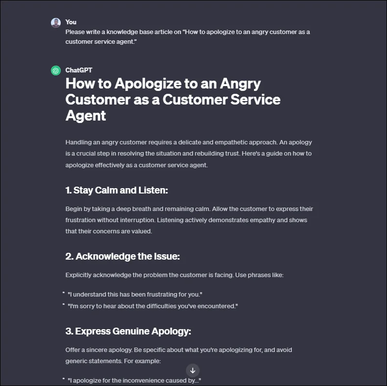 ChatGPT customer service example creating a knowledge base article for handling angry customers