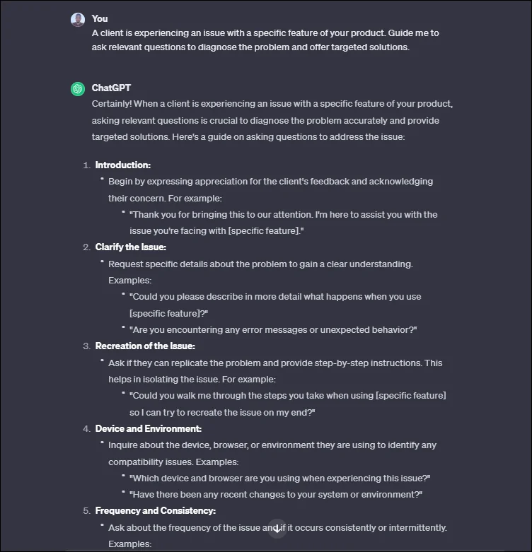 ChatGPT customer service prompts helping agents diagnose product feature issues