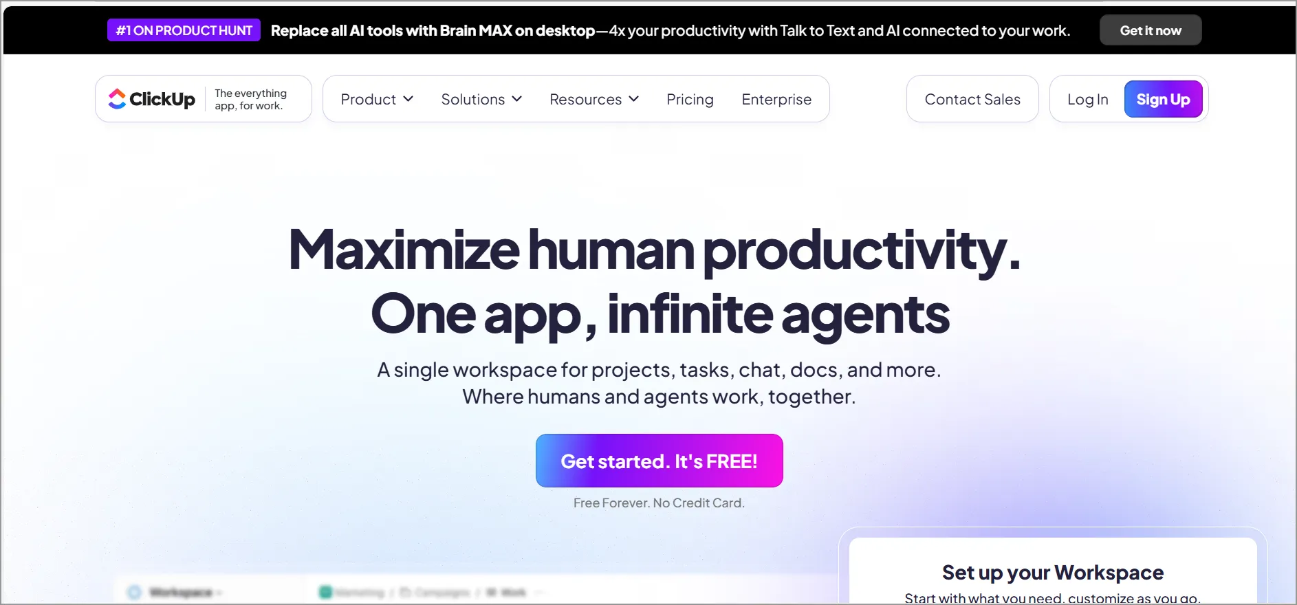 ClickUp webpage promoting productivity app with bold slogan, purple 'Get started. It’s FREE!' button, and navigation menu.