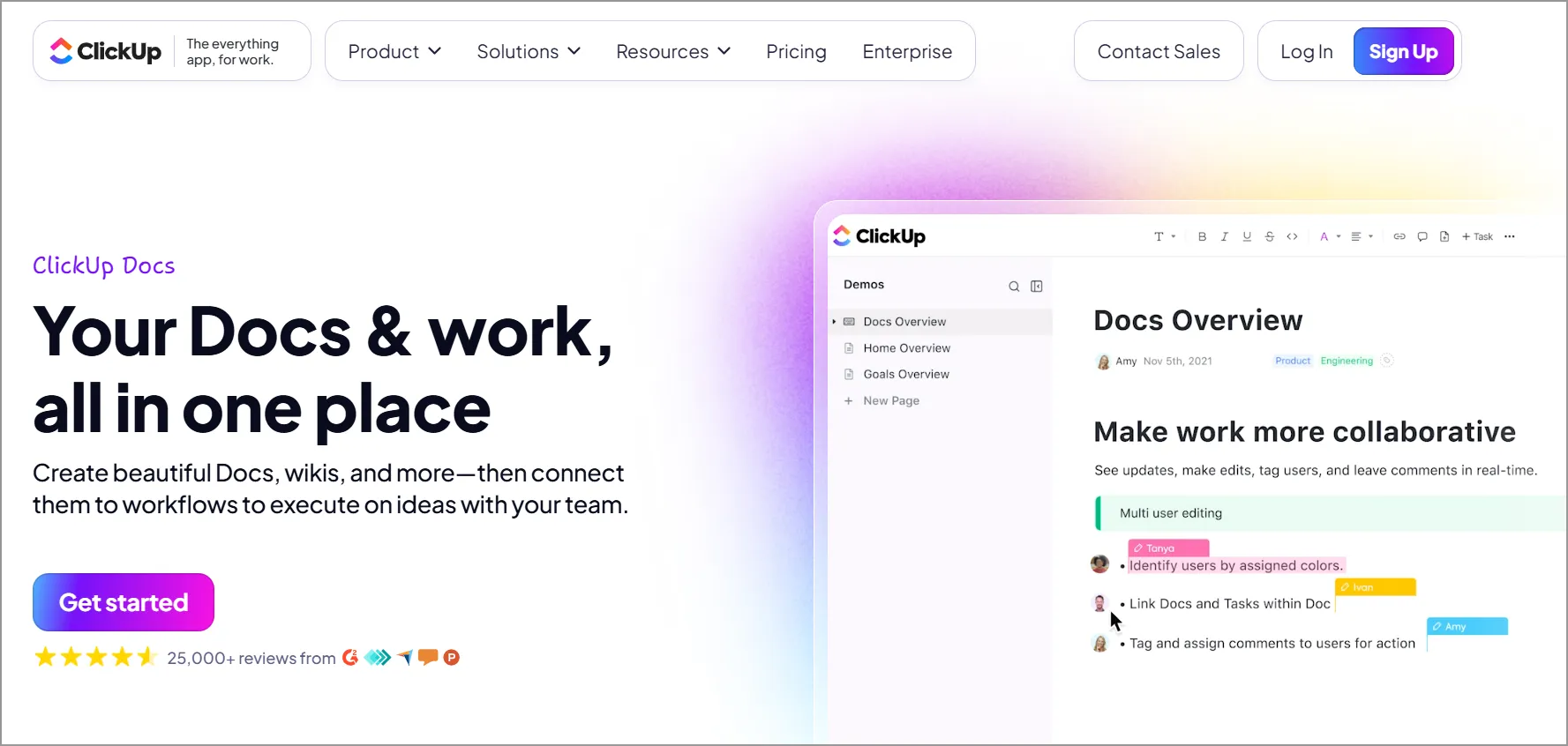 ClickUp Docs promo with bold text Your Docs & work, all in one place, showing doc creation, collaboration, rating, demo
