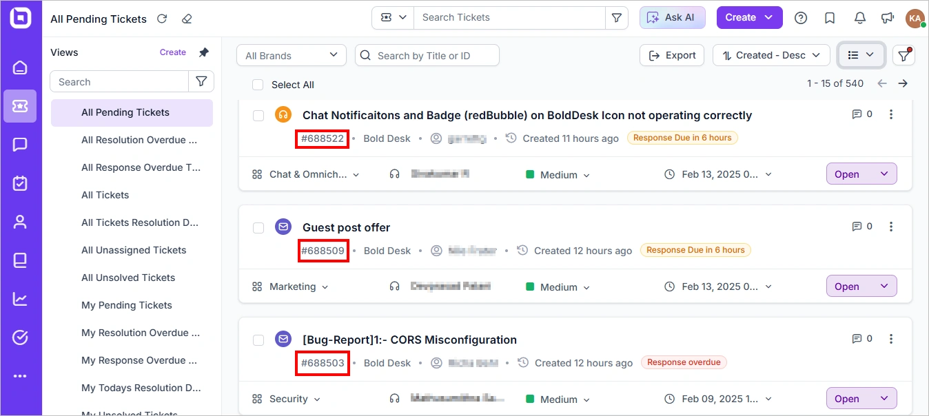 Pending support tickets dashboard displaying a ticket list with IDs, priorities, response deadlines, filters, and options to open or export tickets.