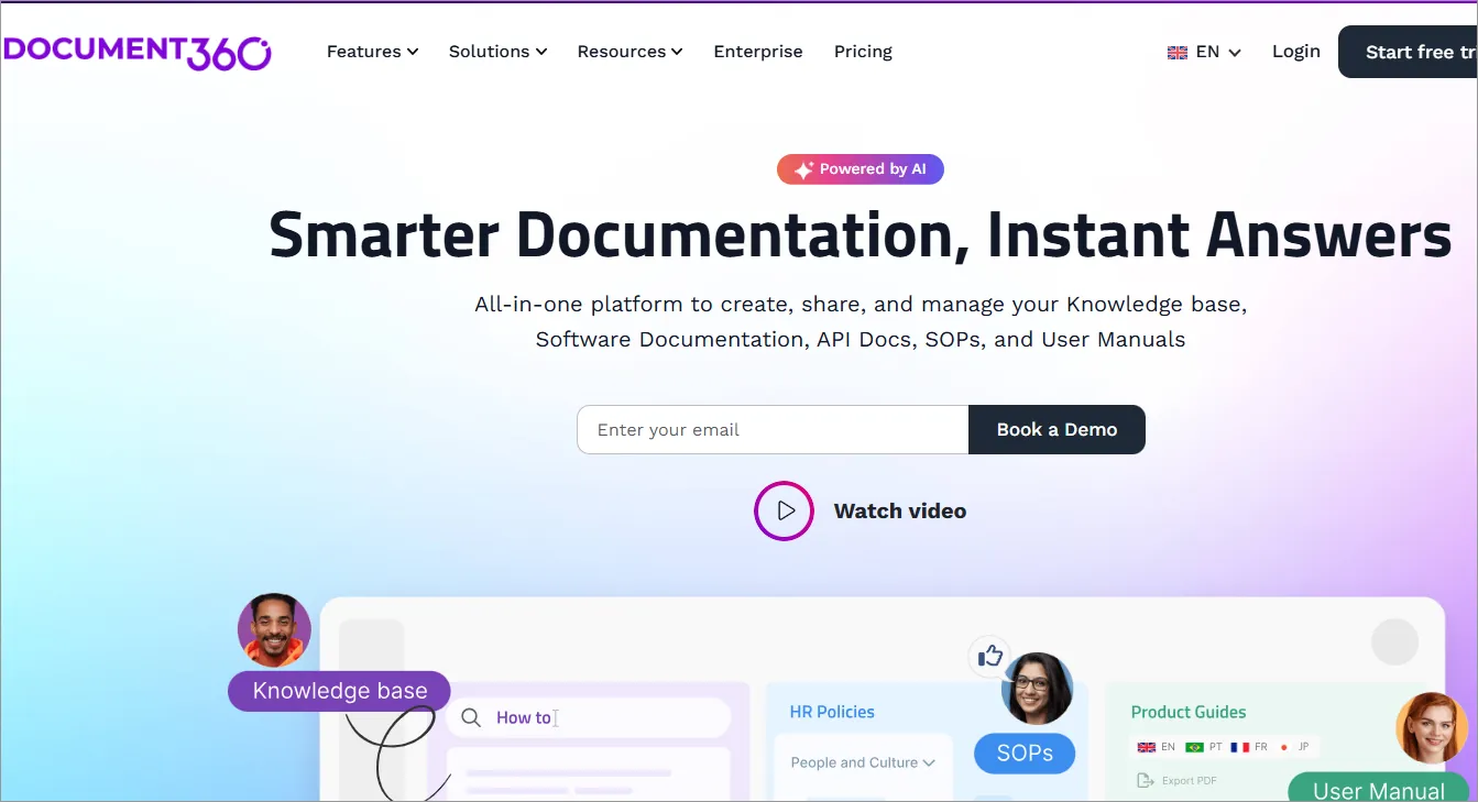 Homepage of Document360 showing headline, gradient design, features/pricing menu, and demo signup