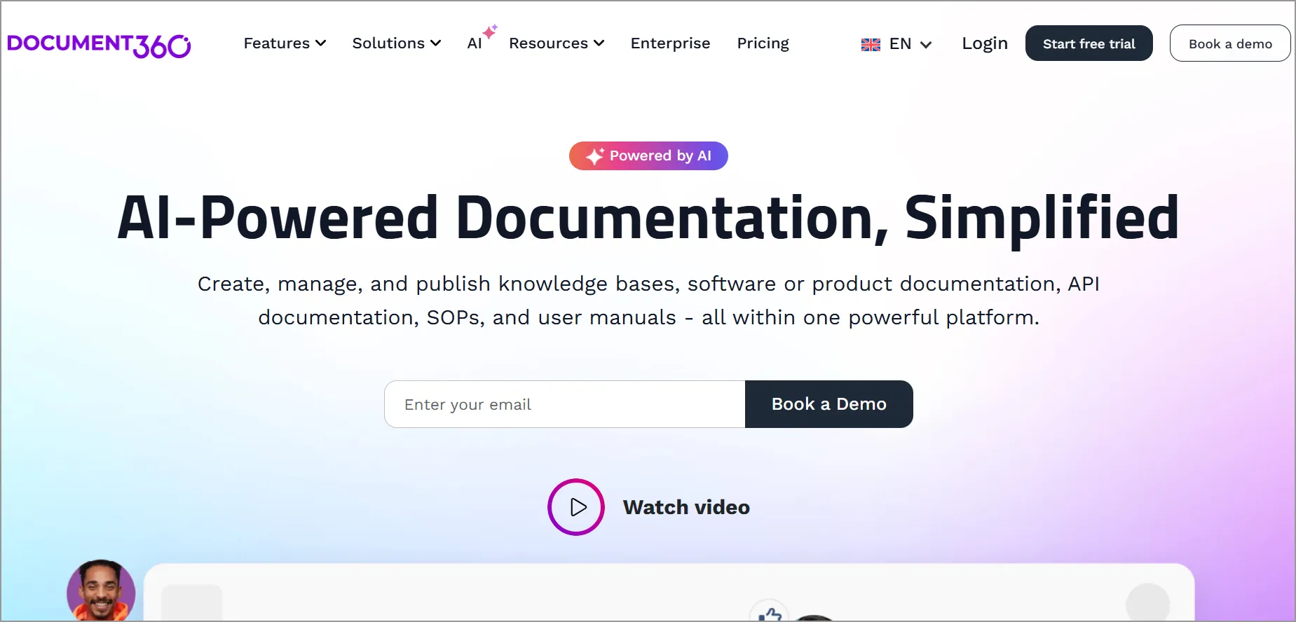 Document360 webpage showcasing AI tools for knowledge base and product documentation, with trial and demo options visible