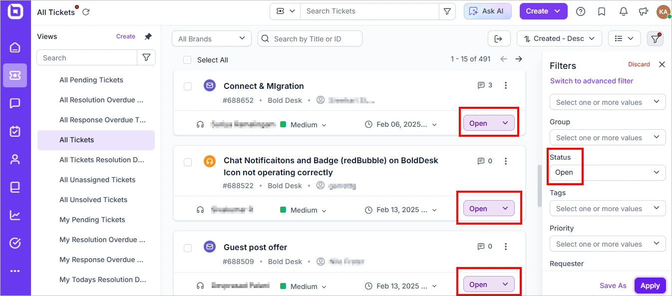 All tickets dashboard displaying open support tickets with ticket IDs, priorities, status filters, search bar, and action buttons.