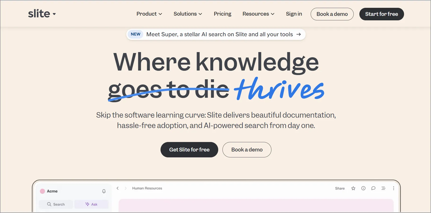 Slite homepage with headline Where knowledge goes to die crossed out to thrive, with Get Slite free and Book a demo buttons.