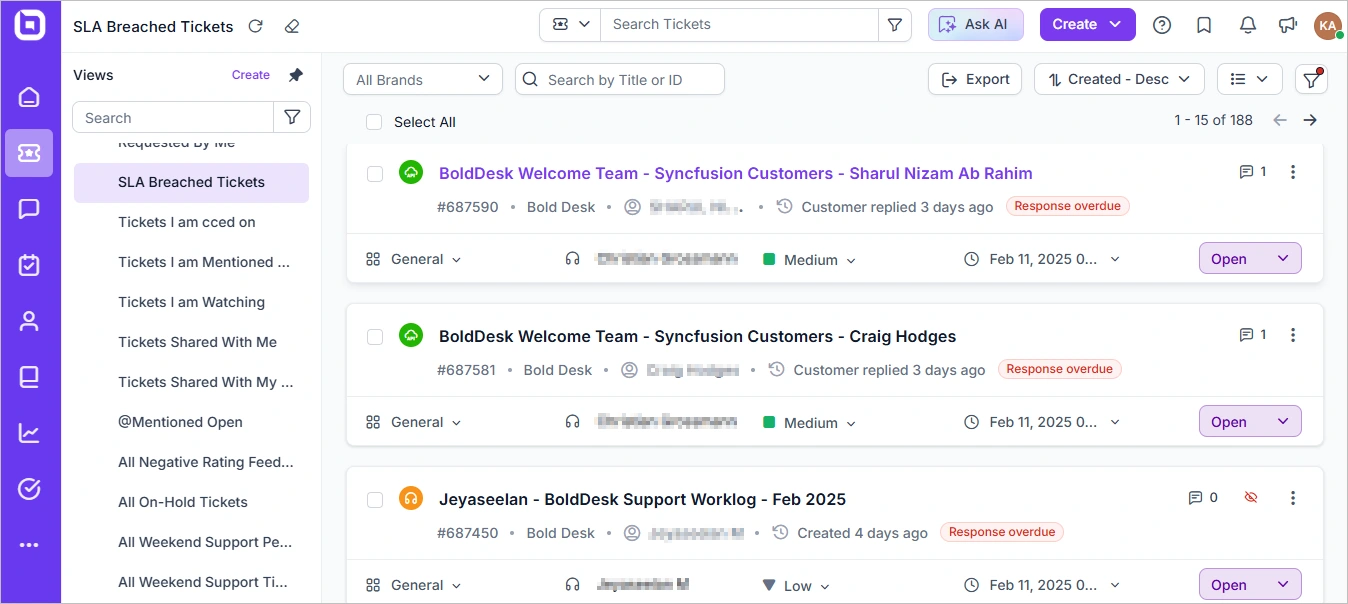 SLA breached tickets dashboard showing escalated support tickets with response status, priorities, filters, search, and ticket management options.
