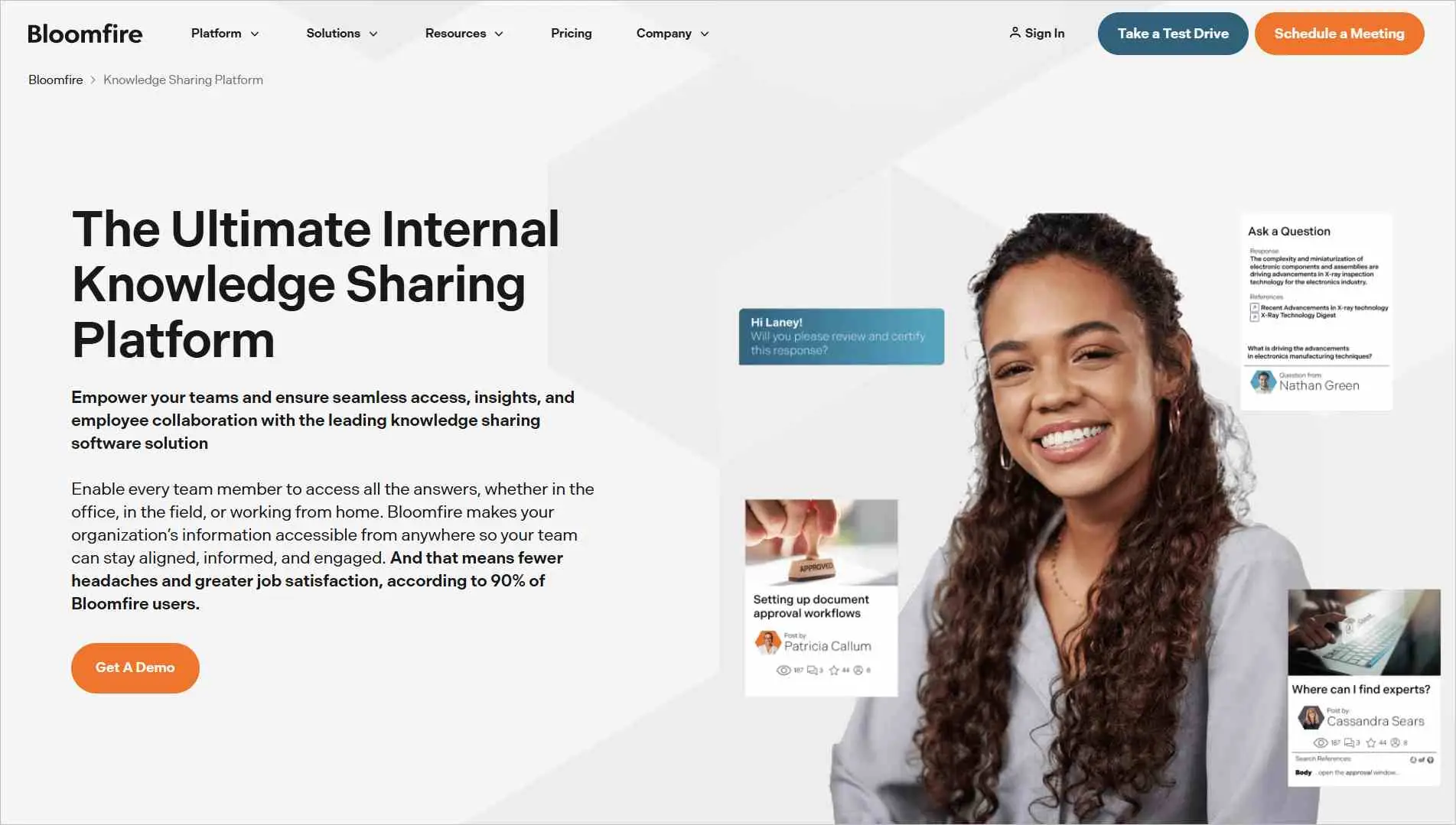 Bloomfire webpage with smiling woman, text on knowledge sharing benefits, CTA buttons, and testimonial cards on right.