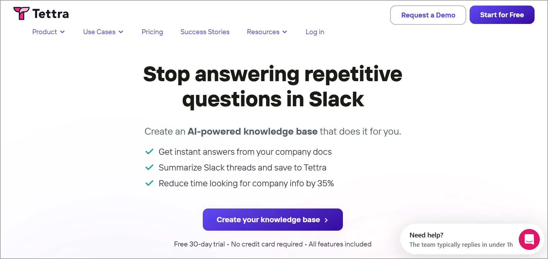 Tettra site highlighting AI-powered Slack knowledge base with instant answers, thread summaries, and demo/free trial CTAs.