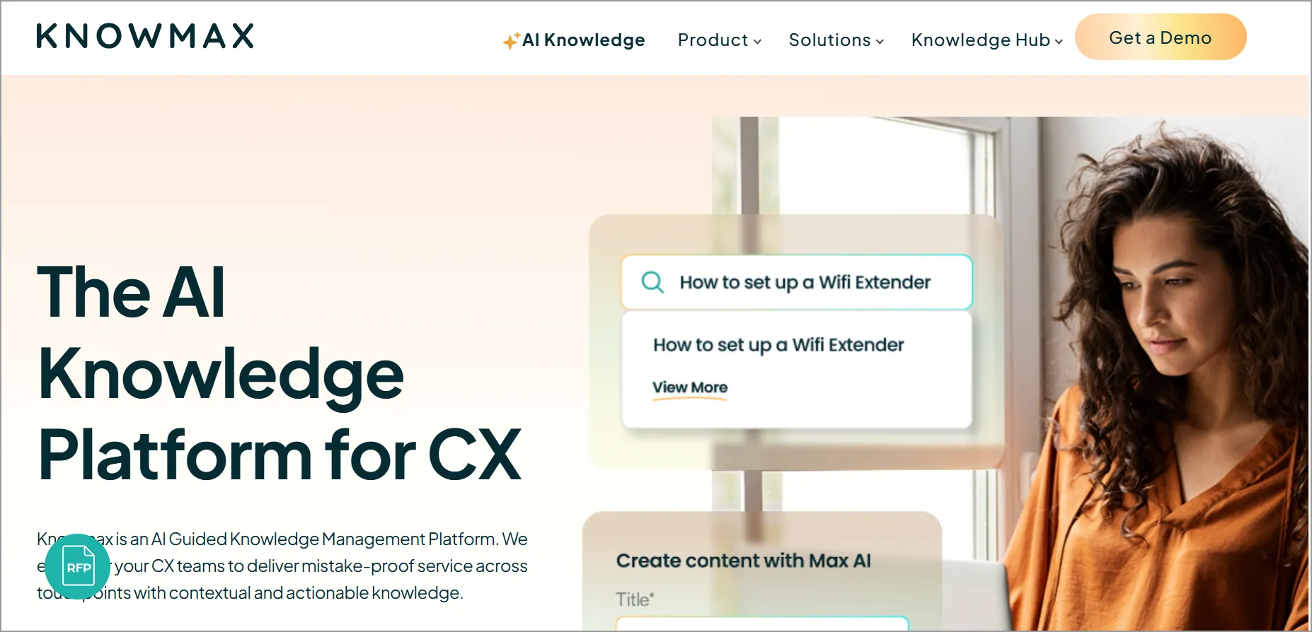 Knowmax homepage with text The AI Knowledge Platform for CX, search bar, and woman in orange top smiling confidently.
