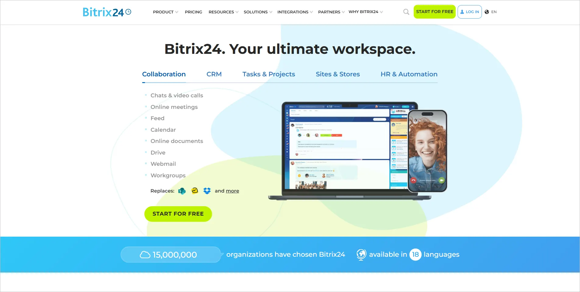 Bitrix24 site homepage featuring collaboration and CRM, laptop and phone interface shown, promoting ultimate workspace.