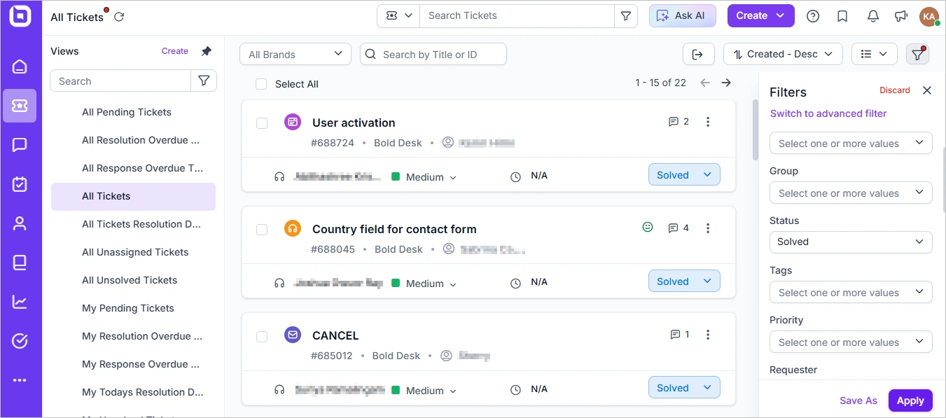 All solved tickets dashboard showing a list of support tickets with IDs, statuses, priorities, filters panel, search bar, and ticket management actions.