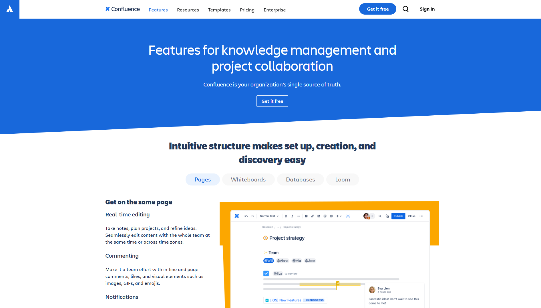 Confluence webpage titled features for Knowledge Management and Collaboration, navigation bar on a blue background.