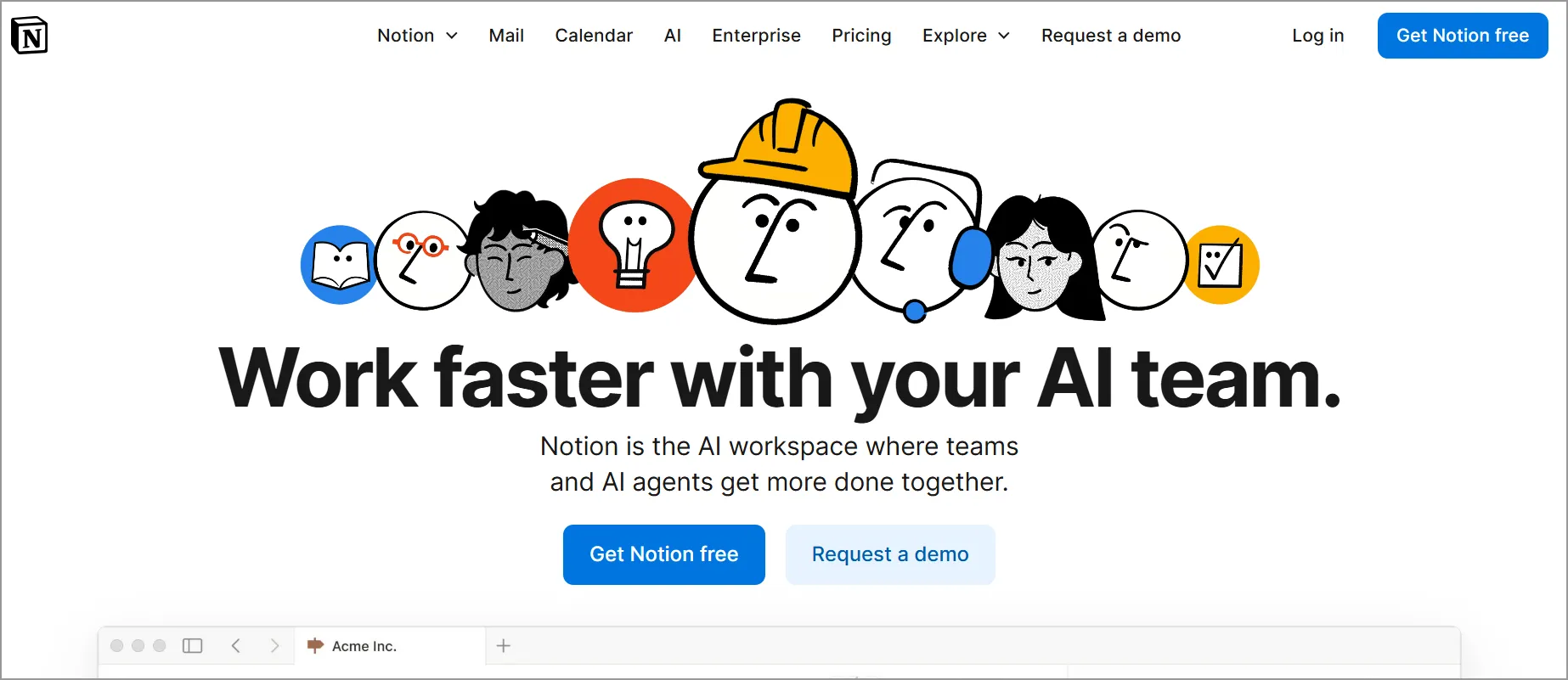 Homepage of Notion featuring cartoon faces with expressions for teamwork and headline Work faster with your AI team.