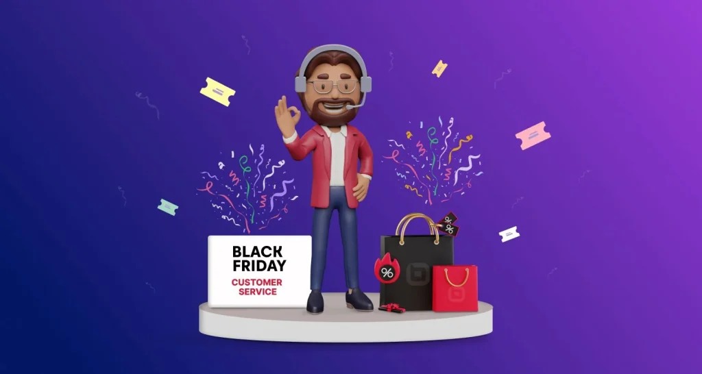 Person in red jacket holding a sign beside a red laptop and black gift box on a purple background