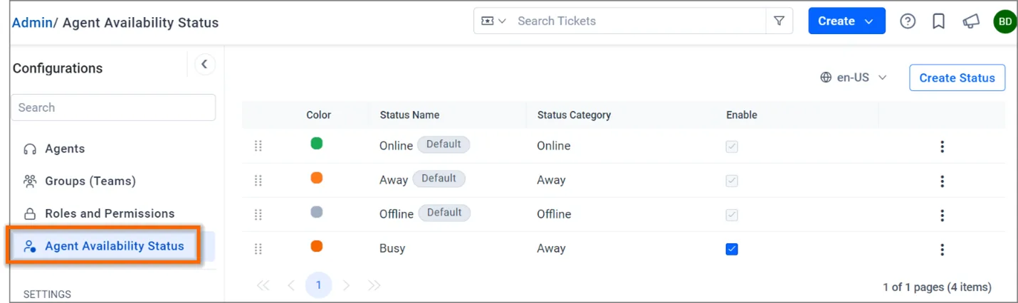 Admin dashboard showing agent availability settings with color codes: Online, Away, Offline, Busy.