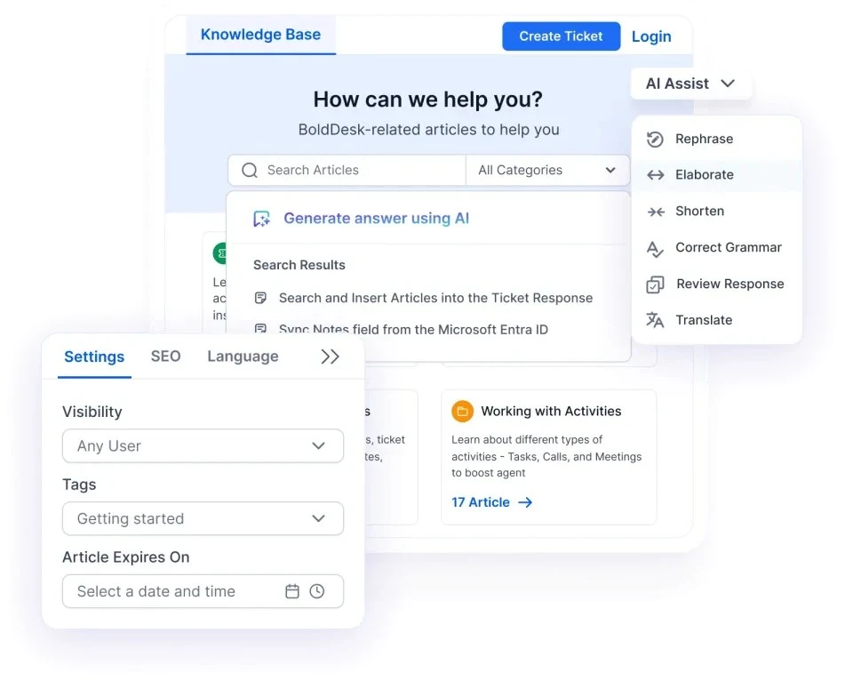 BoldDesk interface shows "Knowledge Base" search with "Multilingual" results. Options include tickets, activities, customer portal guides.