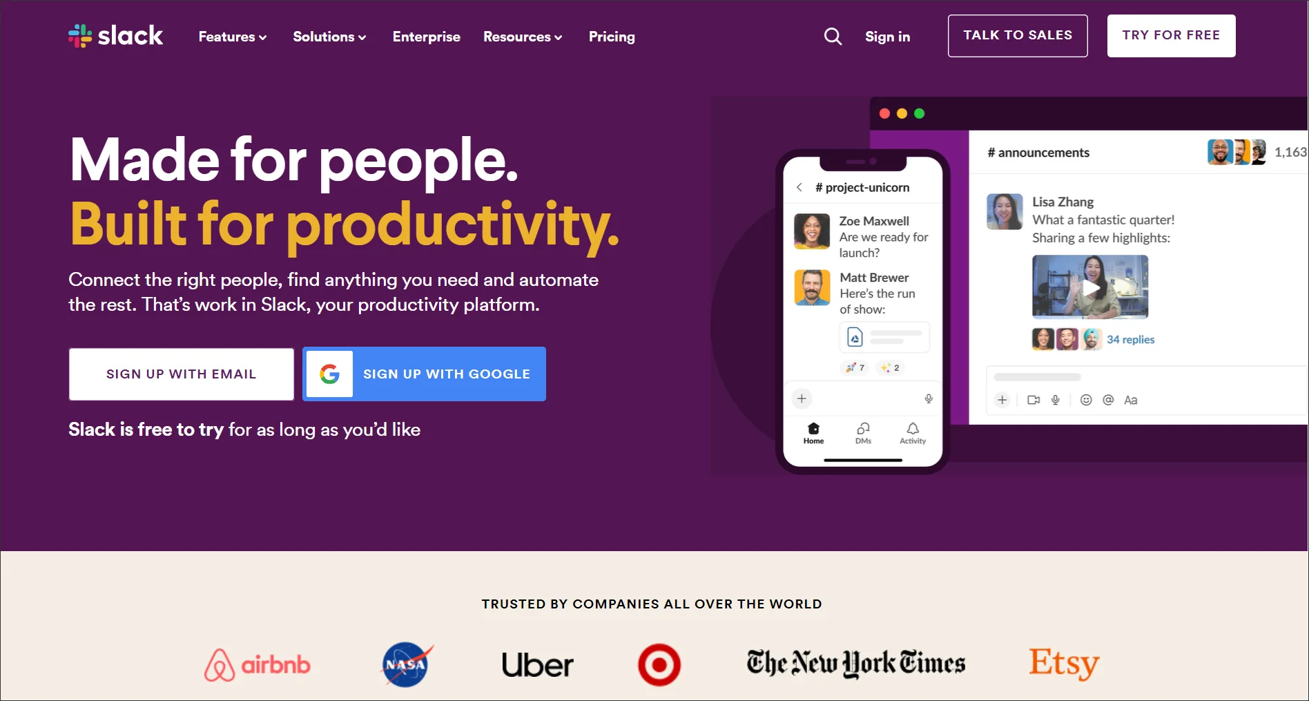 Slack workspace for team chat, collaboration, and startup communication