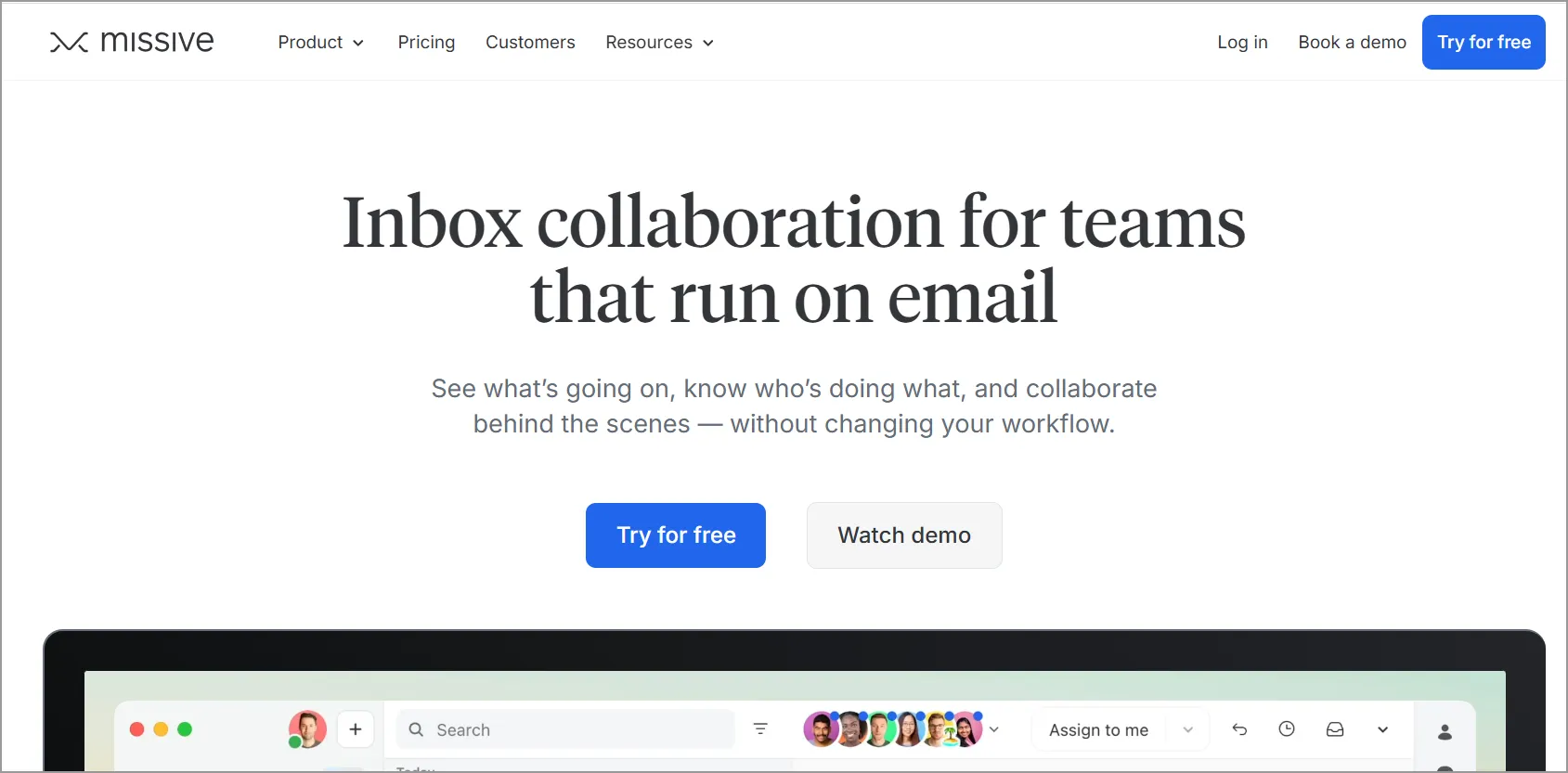 Screenshot of the Missive website featuring free startup tools for team inbox collaboration and shared email management