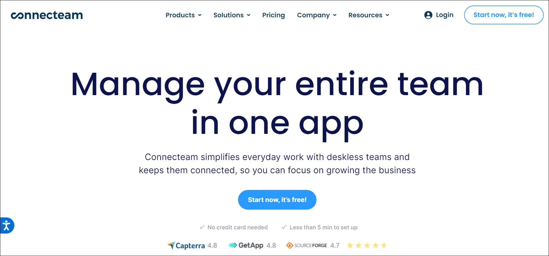 Connecteam homepage highlights team management in one app with navigation, sign-up, and ratings from review sites.