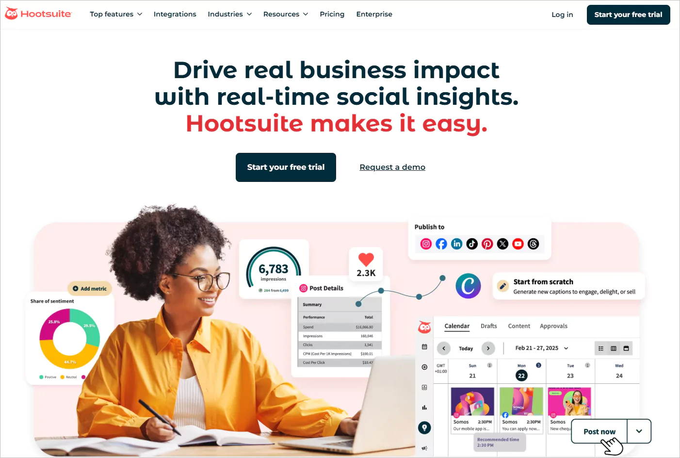 Hootsuite webpage with smiling woman in orange shirt at laptop, showing social insights, graphs, analytics, trial and demo.