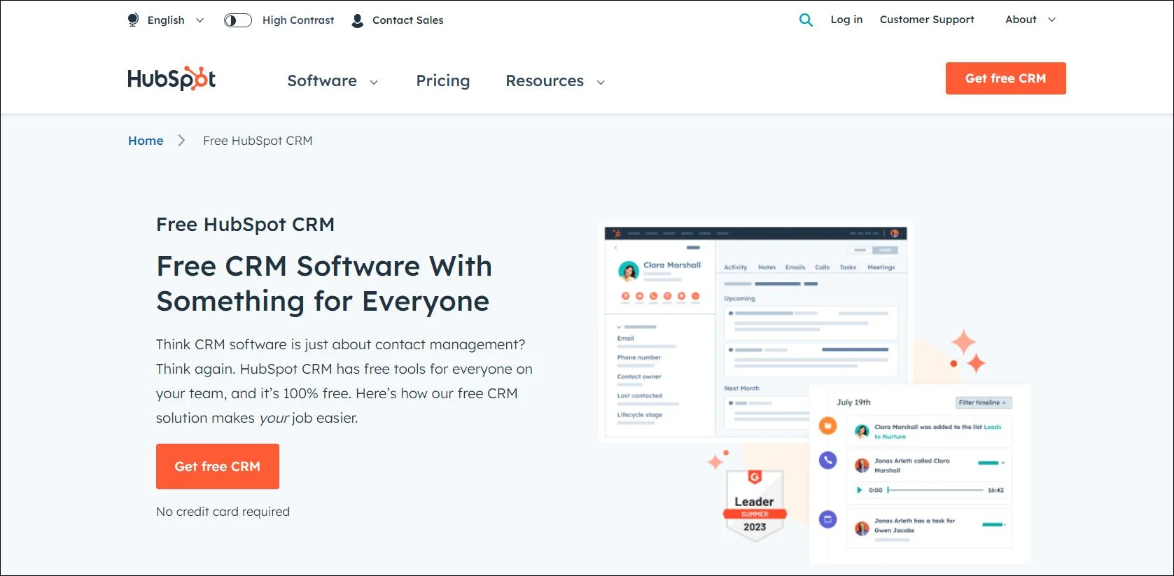 HubSpot webpage promoting free CRM with screenshots, no credit card needed, bold 'Get free CRM' button, soft blue tones.