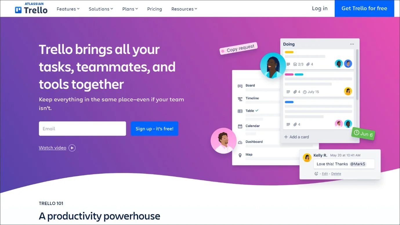 Trello webpage with gradient background, promo text on task management, task cards, avatars, and comments for teamwork.