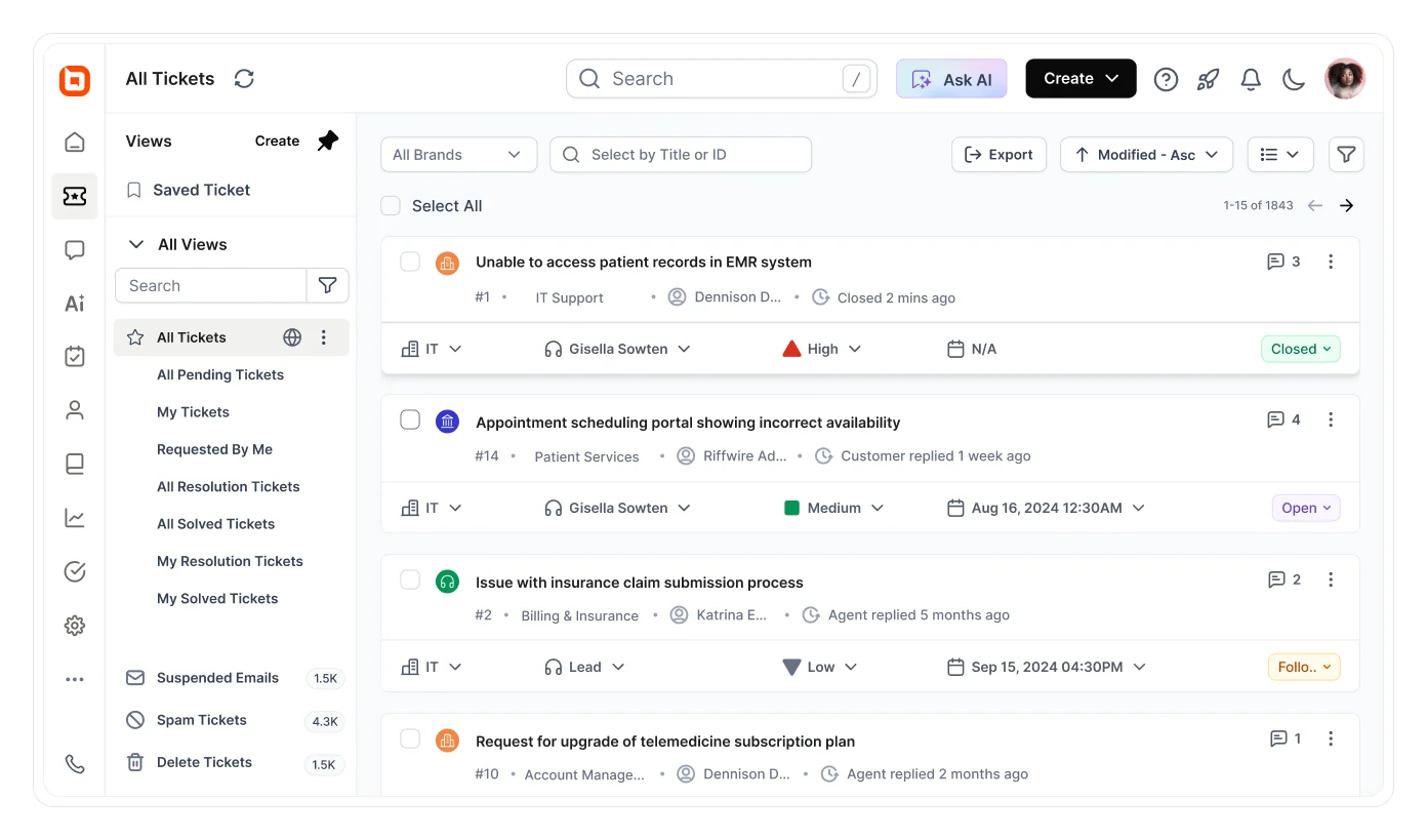 BoldDesk ticketing system dashboard displaying support tickets, priorities, statuses, and agent assignments.