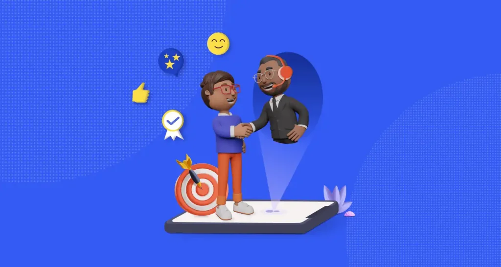 Illustration of two people shaking hands, representing customer trust and positive business relationships.
