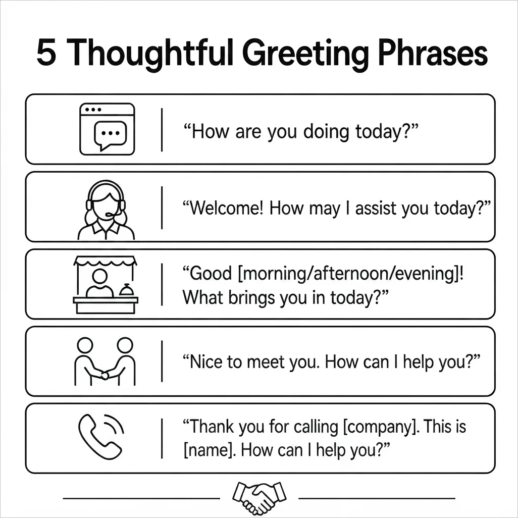 Five customer service greeting phrases with black icons and text on a light gray background